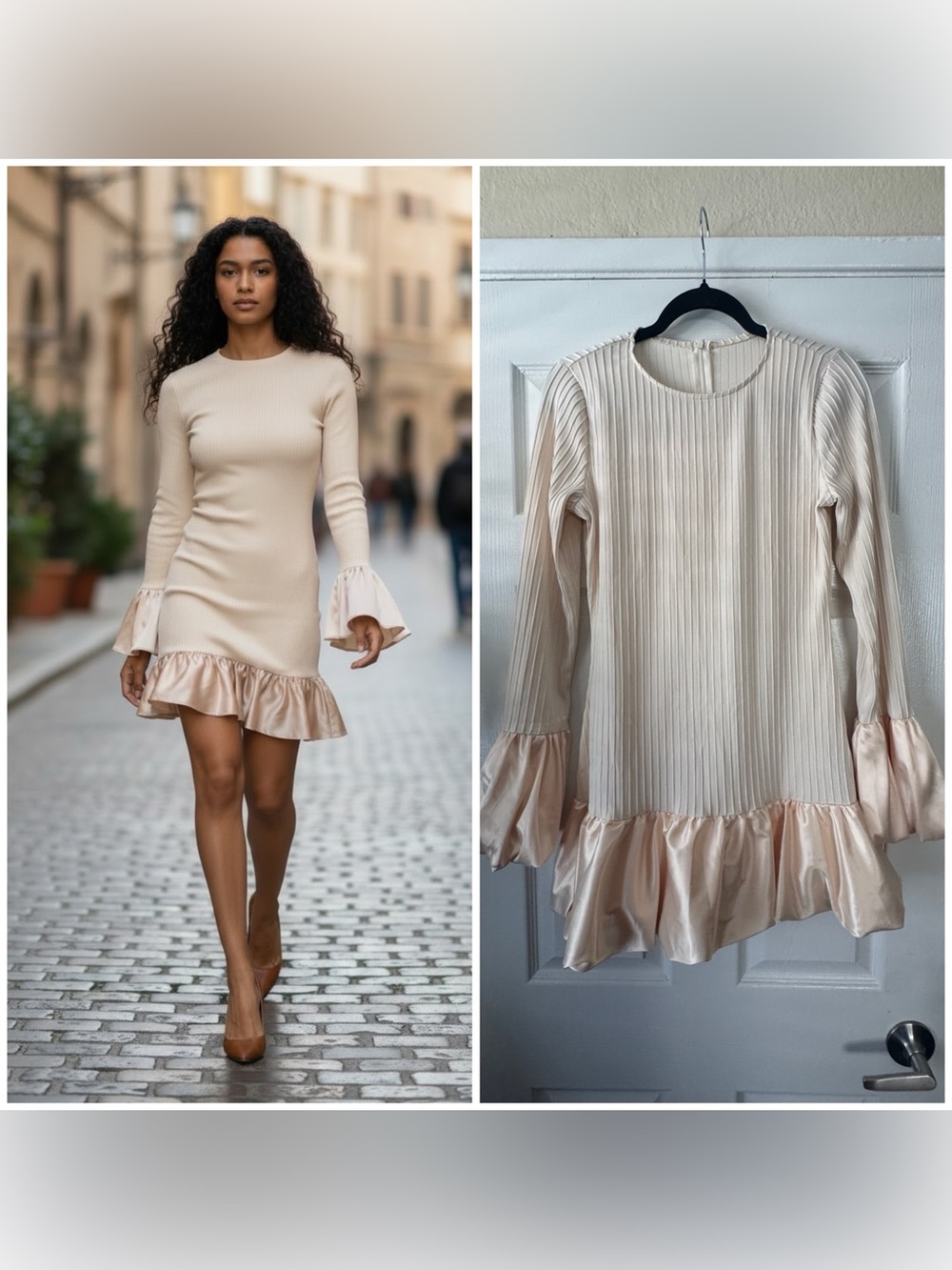 NEW Micas Solid Puff Bell Sleeve Mini Dress, Cream, Large
